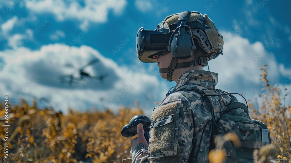 Modern technology in the army War officers use virtual reality glasses, vr controllers, and pilots for aerial reconnaissance, surveillance and attack. Modern technology in the army War officers use virtual reality glasses, vr controllers, and pilots for aerial reconnaissance, surveillance and attack.