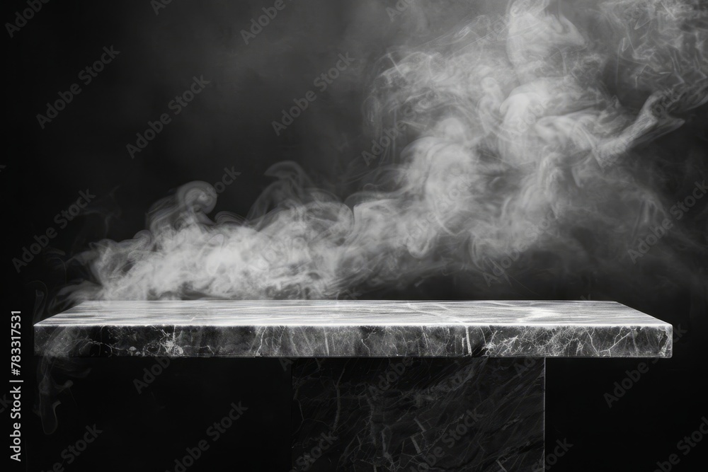 Dark background with marble podium, smoke or steam in the background, beauty and product concept
