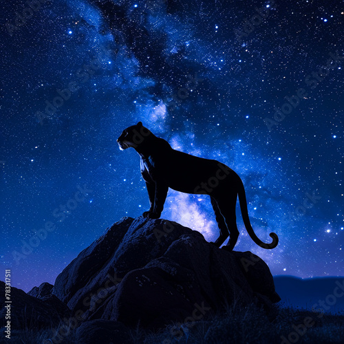 A panther's silhouette on a hill, under a starry sky, room above for messages on confidence and elegance © weerasak