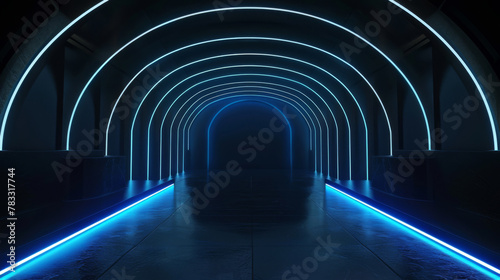 Enter the fascinating world of a modern. Sleek. And futuristic neon tunnel interior. Featuring captivating blue light. Abstract architectural design. And illuminated geometric lines