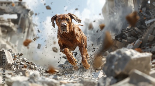 A Bloodhound tracking its prey through the ruins, with a suspenseful action cam  photo