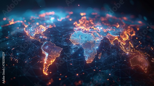 Glowing world map on dark background. Globalization concept. Communications network map of the world. Technological futuristic background. World connectivity and global networking concept © CaptainMCity