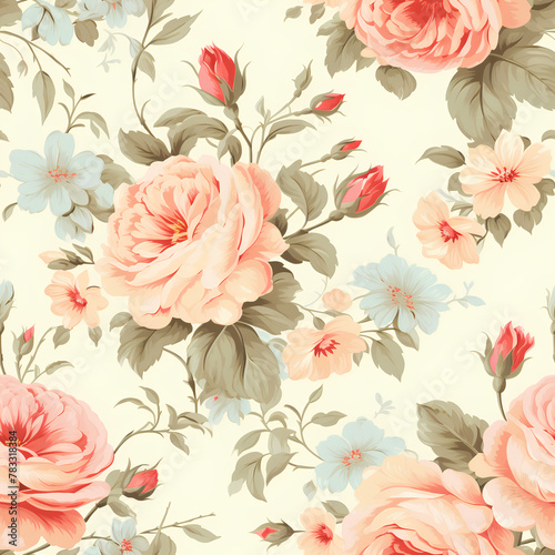 Vintage Floral Wallpaper, Soft Pastel Tones, Romantic Rose Pattern