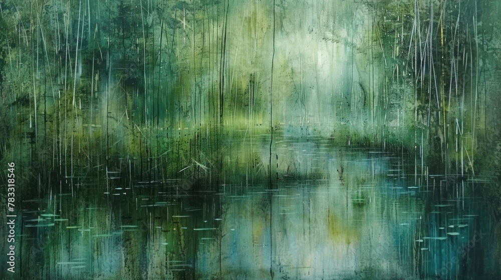 A painting of a forest scene with a river running through it. The water is green and reflective, and there are trees on both sides. The sky is a mix of blue and green.