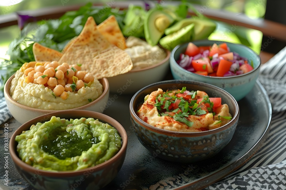 Healthy Spread: Hummus, Guacamole, and Snacks on Patterned Cloth. Concept Healthy Eating, Appetizer Ideas, Snack Platter, Colorful Spreads, Food Presentation Healthy Spread: Hummus, Guacamole, and Snacks on Patterned Cloth. Concept Healthy Eating, Appetizer Ideas, Snack Platter, Colorful Spreads, Food Presentation