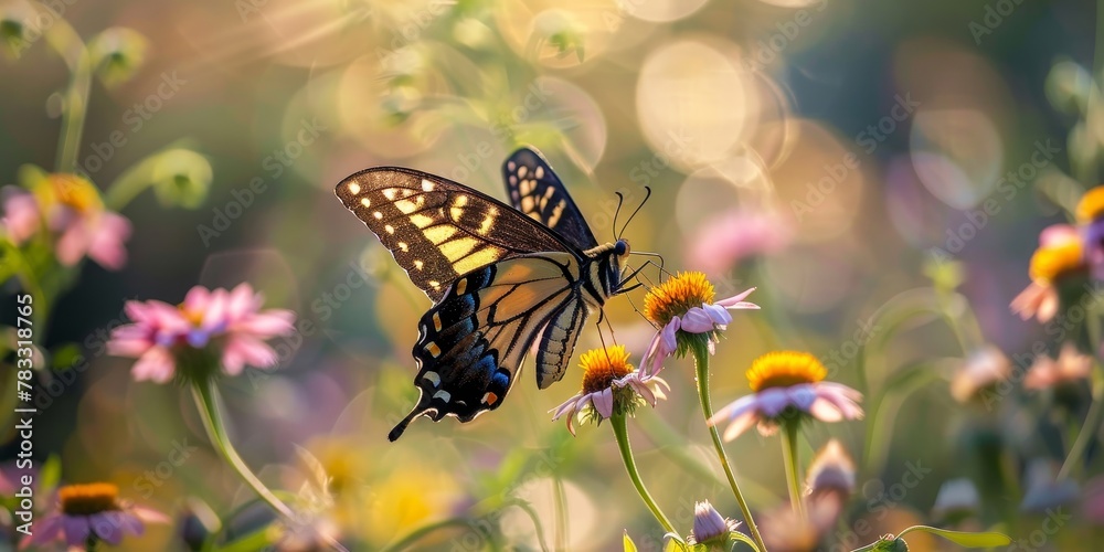 Fototapeta premium A butterfly is resting on a flower in a field. The butterfly is yellow and black with a brown head. The flower is pink and has a yellow center. The scene is peaceful and serene, with the butterfly