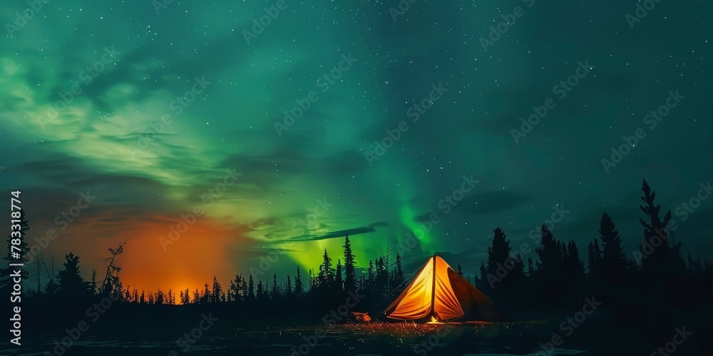 A tent is set up in a forest with a beautiful night sky. The sky is filled with stars and the aurora borealis. The scene is peaceful and serene