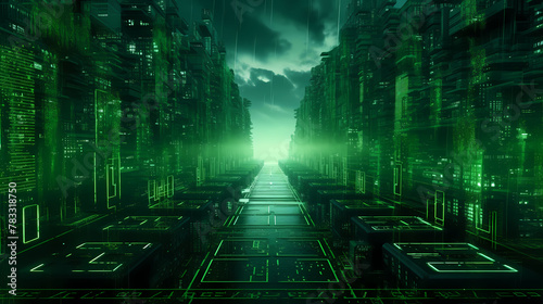 Futuristic Cityscape With Neon Green Glow at Night