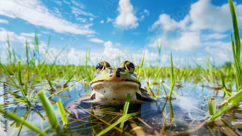 Tranquil Elegance: A Pelophylax nigromaculata Resting Amidst Rice Fields. Generative AI photo