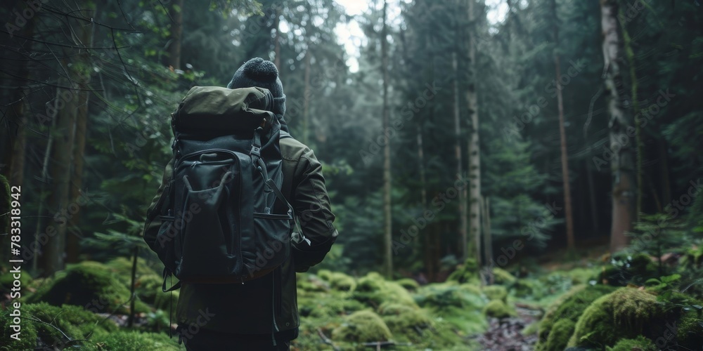 A man is walking through a forest with a backpack on his back. The forest is lush and green, and the man is enjoying the peacefulness of the woods