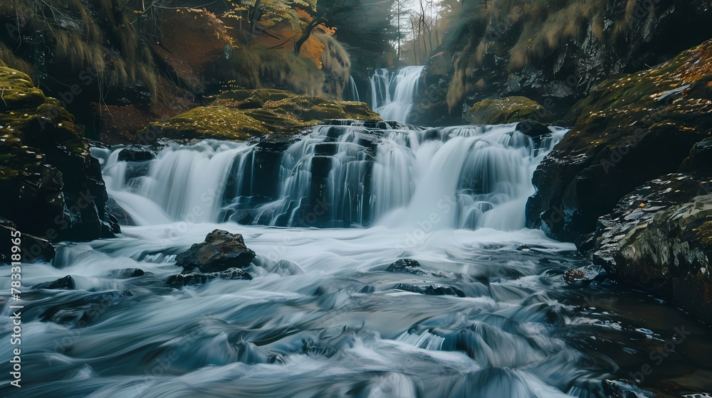 Serene Waterfall Cascading Through Autumnal Forest