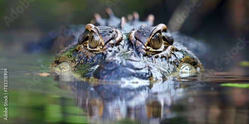 A crocodile is swimming in a pond. The water is murky and the crocodile's eyes are visible