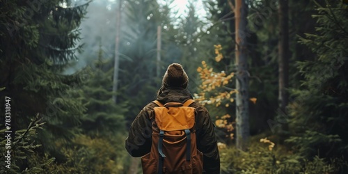 A man is walking through a forest with a backpack on. Scene is peaceful and serene, as the man is surrounded by nature and the trees photo