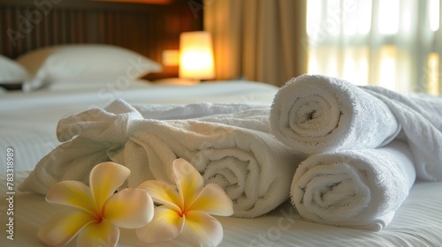 Hands of hotel maid putting plumeria flower and towels on the bed in the luxury hotel room ready