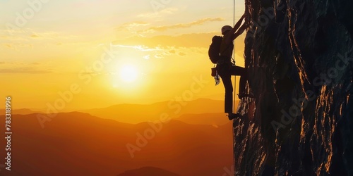 A man is climbing a rock wall with a sunset in the background. Scene is adventurous and exciting