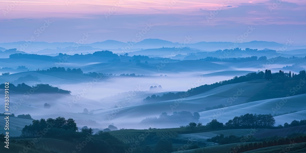 The sky is a beautiful shade of blue with a few clouds scattered throughout. The mountains in the distance are covered in trees and the landscape is peaceful and serene The sky is a beautiful shade of blue with a few clouds scattered throughout. The mountains in the distance are covered in trees and the landscape is peaceful and serene
