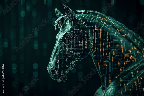 A Trojan horse infiltrating a digital fortress, disguised as harmless code until its too late , deep black background photo
