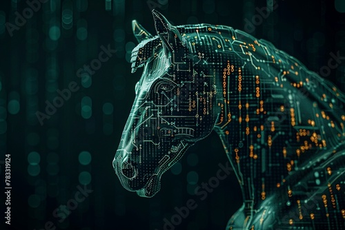A Trojan horse infiltrating a digital fortress, disguised as harmless code until its too late , deep black background