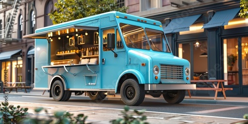 A blue food truck is parked on a city street. The truck is surrounded by tables and chairs, and there are potted plants nearby. The scene has a casual and inviting atmosphere