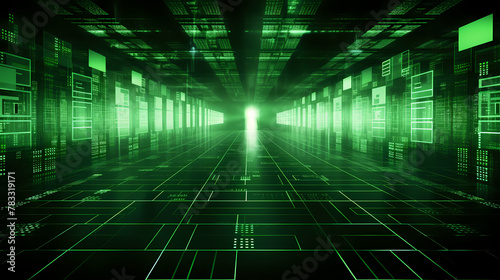 Futuristic Green Data Center Corridor With Illuminated Screens