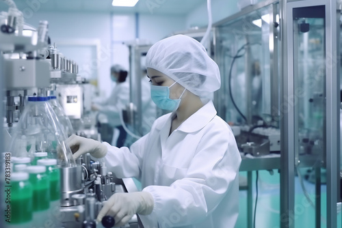 Medical vials production line: people with sanitary gloves and personal protective equipment checking pharmaceutical bottles in a sterile factory