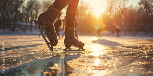 A person is skating on ice with a sun in the background. The sun is shining brightly and the ice is glistening