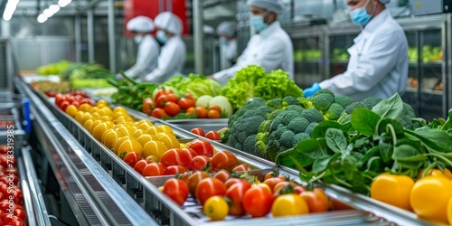 A group of people are working in a produce section of a grocery store. The produce includes a variety of fruits and vegetables such as broccoli, tomatoes, and oranges. The workers are wearing gloves