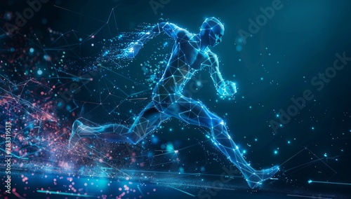 Abstract digital illustration of an athlete running, blue glow lines and dots on a dark background Generative AI