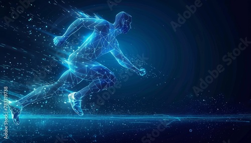 Blue glowing wireframe hologram of an athlete running on dark blue background concept for sport technology and futuristic digital design element Generative AI