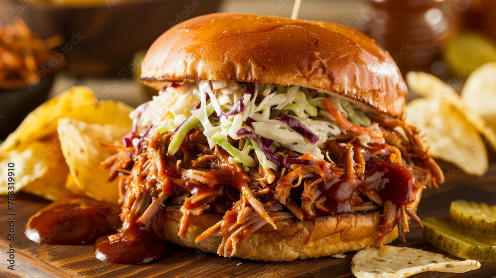 Delicious american pulled pork sandwich with fresh coleslaw and a side of chips Delicious american pulled pork sandwich with fresh coleslaw and a side of chips