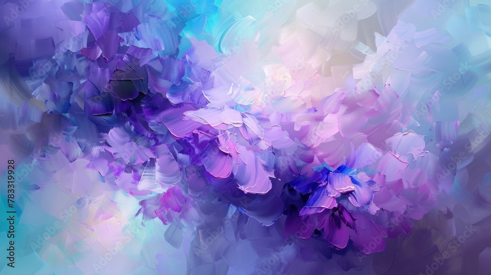 Abstract painting in purple and blue tones. This is a bouquet of flowers with a soft texture. The colors are bright and the brush strokes are visible, giving the painting an impressionistic look. - obrazy, fototapety, plakaty 