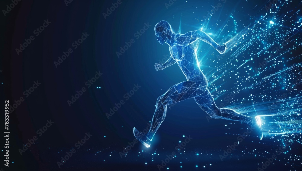 Blue glowing wireframe of an athlete running on a dark blue background, a digital concept for sport training and exercise health care or fitness activity in the style of technology Generative AI