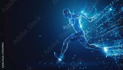 Blue glowing wireframe of an athlete running on a dark blue background, a digital concept for sport training and exercise health care or fitness activity in the style of technology Generative AI © SKIMP Art