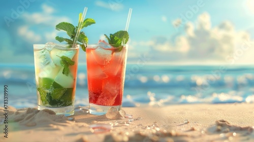 two delicious cocktails margherita and mojito by the beach AI generated