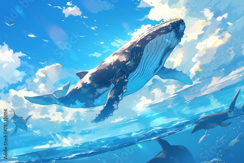 Illustration of a swimming whale in a clear clear blue sky among the clouds © serz72