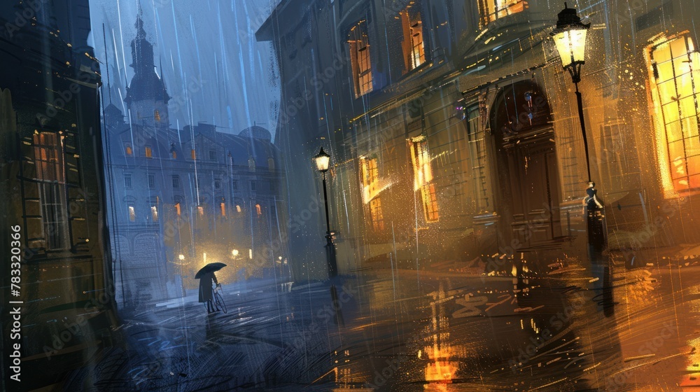 Naklejka premium Picture, a man on the street with a bicycle and an umbrella. The street lights are on and the buildings are old. It's raining and the street is wet.