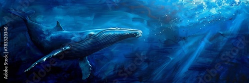 A lonely whale surfs the waves of the ocean, a whale swims underwater in the ocean, banner