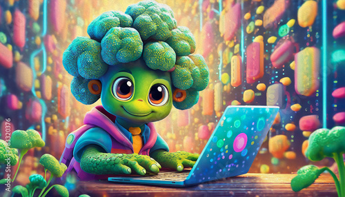 oil painting code cartoon character Close up of baby broccoli cartoon character hacker hands using laptop with creative binary code,