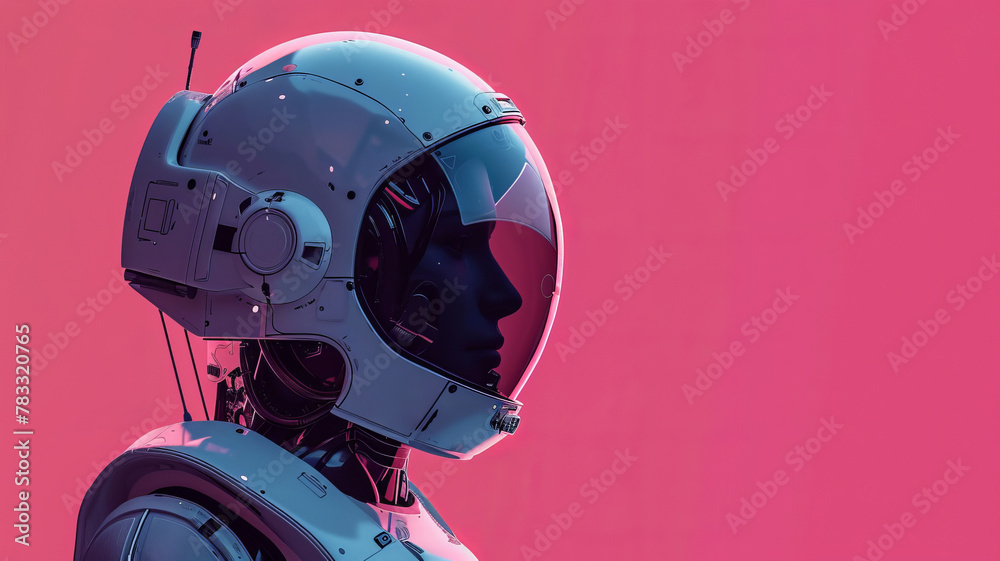 Portrait of a woman in a protective suit on a pink background in a minimal style. A futuristic portrait. Human or robot Portrait of a woman in a protective suit on a pink background in a minimal style. A futuristic portrait. Human or robot