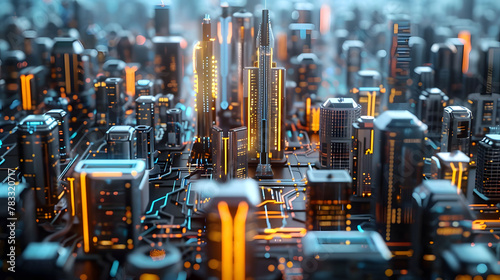 Urban Circuit Board: A night cityscape featuring electronic circuit board-inspired architecture amidst the vibrant lights of Bangkok, Hong Kong, and other Asian metropolises