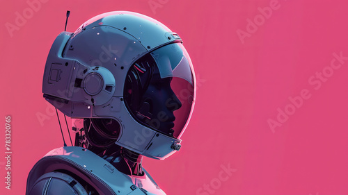 Portrait of a woman in a protective suit on a pink background in a minimal style. A futuristic portrait. Human or robot