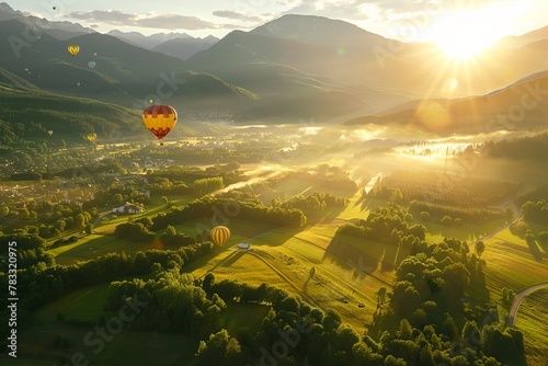 Top view of green landscape and mountain valleys and colorful hot air balloons flying in the sky