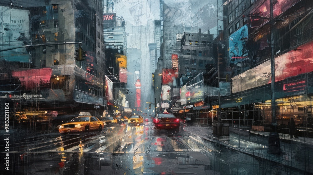 A painting of a rainy city street with taxis and cars, their brake lights glowing. The street is wet and reflective, and the surrounding buildings are reflected on the wet surface.