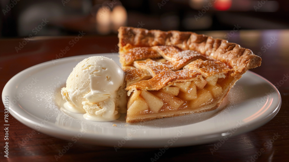 Classic american apple pie with a scoop of vanilla ice cream on a plate