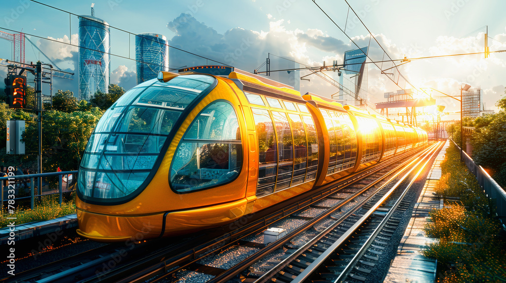 Fototapeta premium A sleek, modern yellow tram travels on tracks with urban skyscrapers in the background under a dynamic, cloudy sky at sunset.