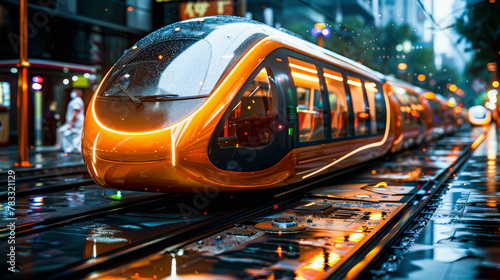 Futuristic tram with sleek design on wet tracks, illuminated by neon lights, reflecting a modern urban environment at dusk or night.