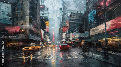 A painting of a rainy city street with taxis and cars, their brake lights glowing. The street is wet and reflective, and the surrounding buildings are reflected on the wet surface. photo
