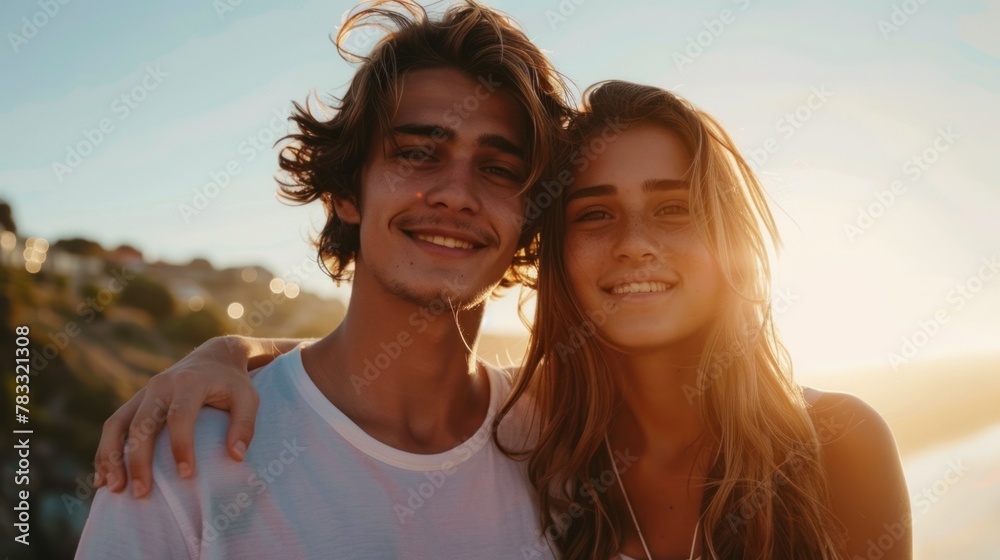 A man and woman stand together smiling at the camera with the sun behind them.
