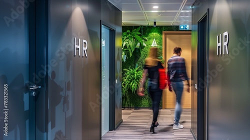 A modern, eco-friendly HR office space with green plants, ergonomic furniture, and digital devices, reflecting a commitment to sustainability and employee well-being in a corporate setting.