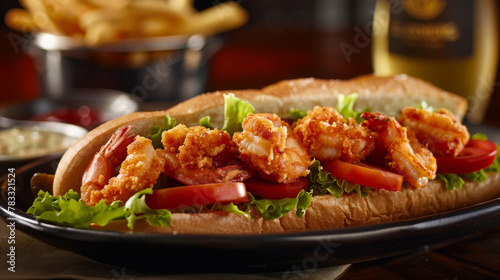 Appetizing shrimp po' boy sandwich with fresh toppings, served on a plate